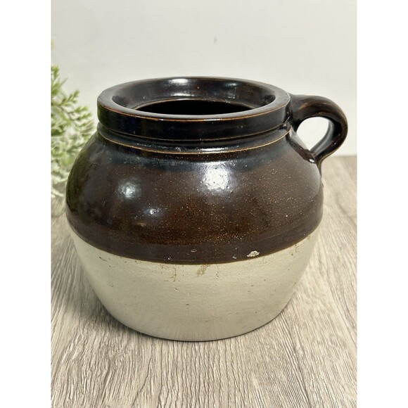 Vintage Two Tone Stoneware Glazed Crock Bean Pot w/ Handle Farmhouse Cottage - Picture 2 of 9